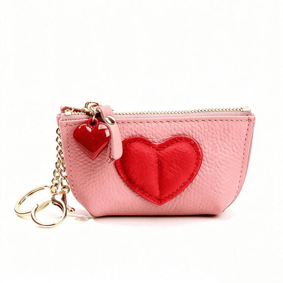 Heart Decor Genuine Leather Coin Purse, Mini Zipper Keychain Pouch with 3D Red Heart Pendant, Portable Small Wallet for Women Girls for Daily Use Travel Gift
