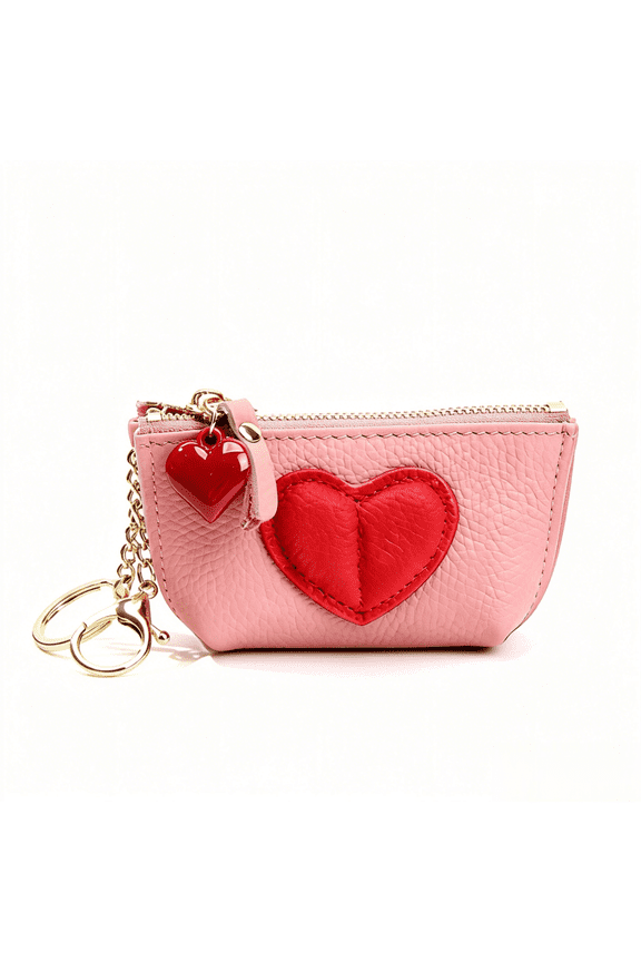 Heart Decor Genuine Leather Coin Purse, Mini Zipper Keychain Pouch with 3D Red Heart Pendant, Portable Small Wallet for Women Girls for Daily Use Travel Gift