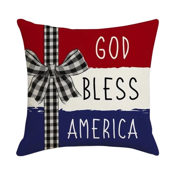 Heart Decorations, Throw Pillow Covers, 4Th of July Decorations, 18X18 in Linen, God Bless America, Red White Blue, Buffalo Check Bow, Patriotic Decor, Home Decor, 1 Pc