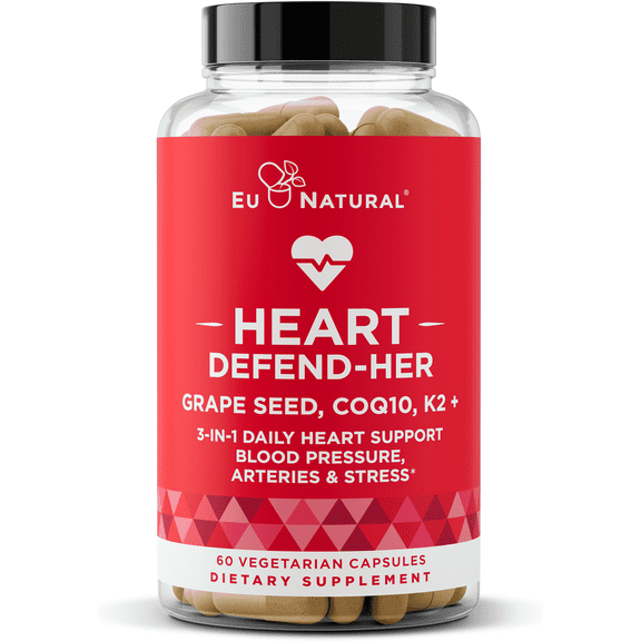 Heart Defend-Her Womens Heart Health Supplements Advanced 3-in-1 Blend with Grape Seed Extract, Vitamin K2 MK-7, and CoQ10 Support Blood Pressure, Artery and Bone Strength 60 Vegetarian Capsules