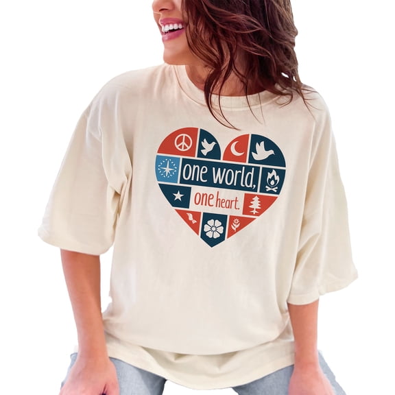 Heart Design One World One Heart, Meaningful Quote Graphic Tee, Peace and Unity Shirt, Inspirational Heart Art on T-Shirt, Symbolic Design, Ivory Comfort Colors T-Shirt, Small
