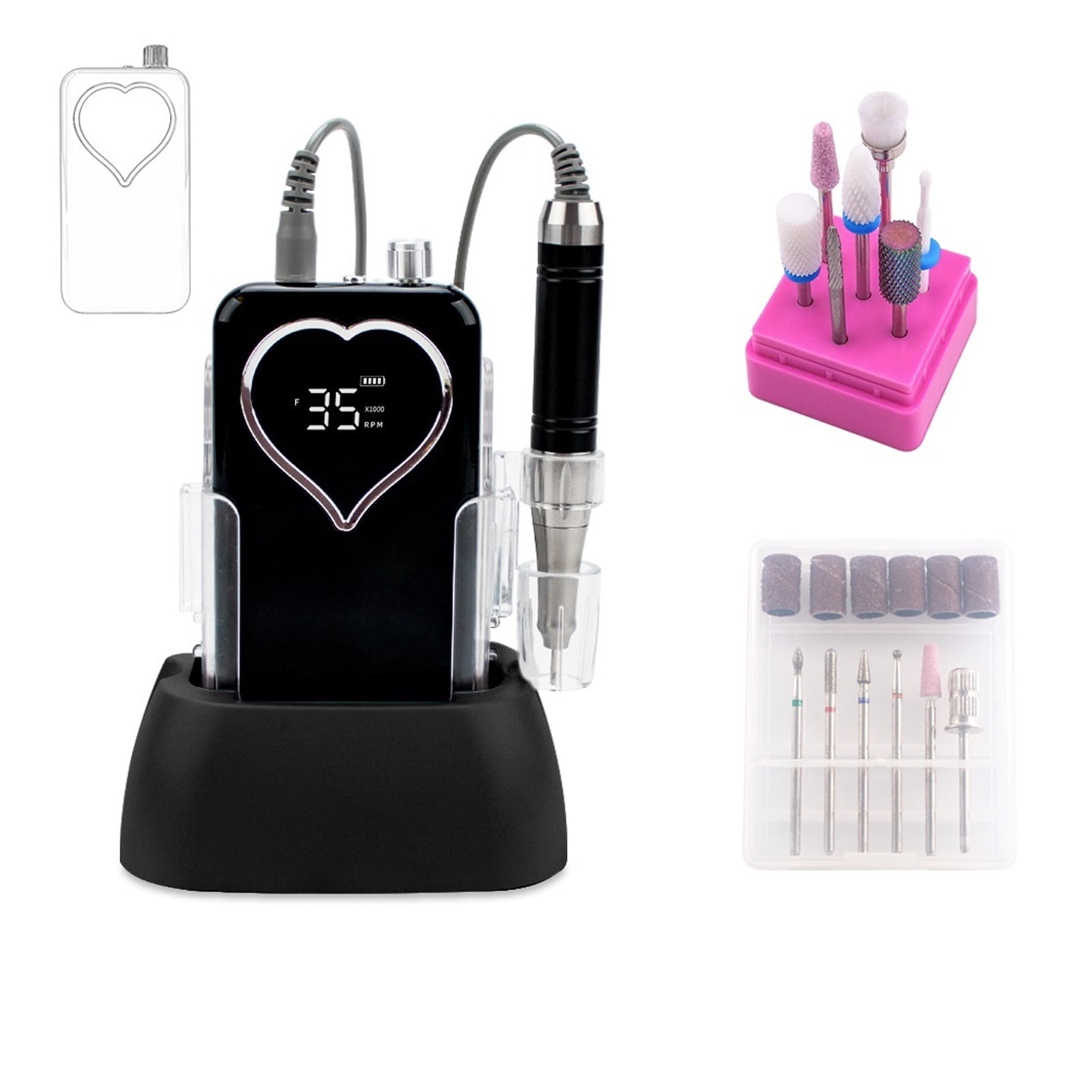 Heart Desktop Cordless Base Electric Nail Drill Machine 35000rpm Drill Set For Manicure Pedicure Rechargeable Battery Wireless ,Low Noise