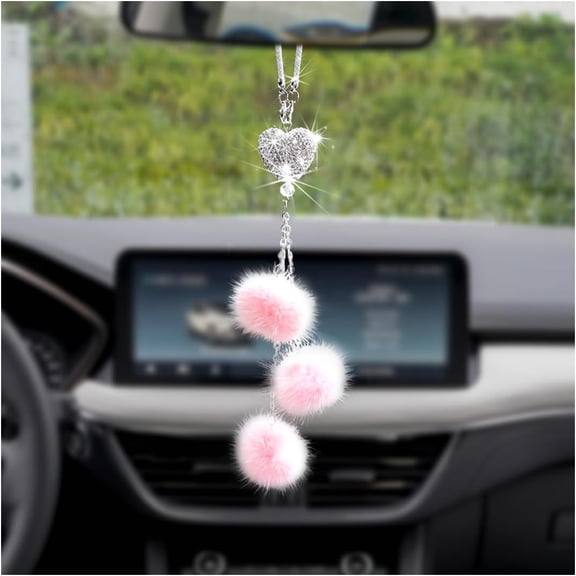 Heart Diamond Car Hanging Accessories, Sparkling Love Heart and Cute Plush Balls, Crystal Car Rear View Mirror Charms for Women, Lucky Hanging Pendant Car Accessories (Pink)
