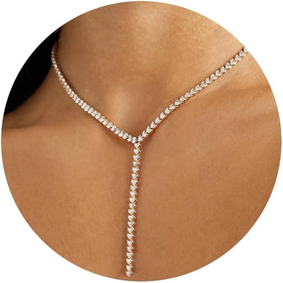 Heart Diamond Necklaces for Women,Gold Plated Heart Y-Shaped Necklaces CZ Statement Choker Necklace Luxury Jewelry for Wedding Brides