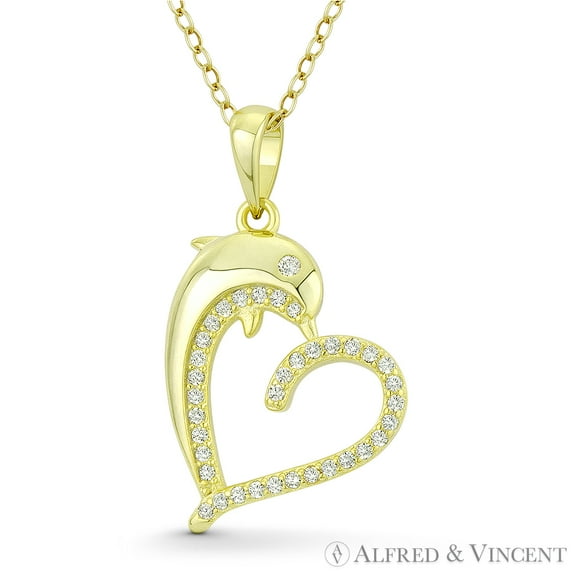 Heart & Dolphin Cubic Zirconia CZ Crystal Accent Pendant in .925 Sterling Silver w/ 14k Yellow Gold