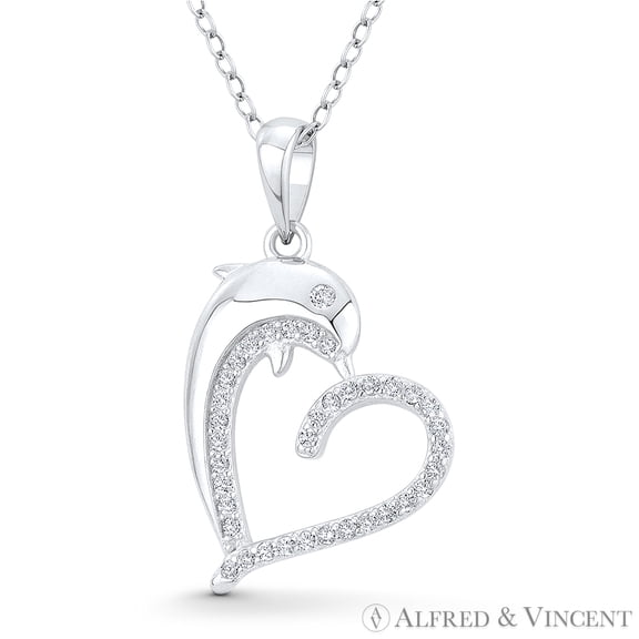 Heart & Dolphin Cubic Zirconia CZ Crystal Accent Pendant & Chain Necklace in .925 Sterling Silver w/ Rhodium