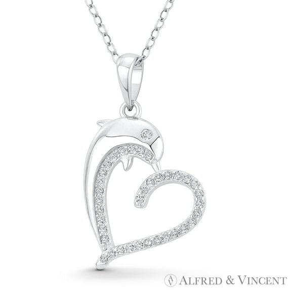 Heart & Dolphin Cubic Zirconia CZ Crystal Accent Pendant & Chain Necklace in .925 Sterling Silver w/ Rhodium