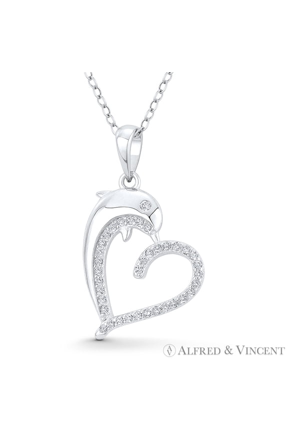 Heart & Dolphin Cubic Zirconia CZ Crystal Accent Pendant in .925 Sterling Silver w/ Rhodium