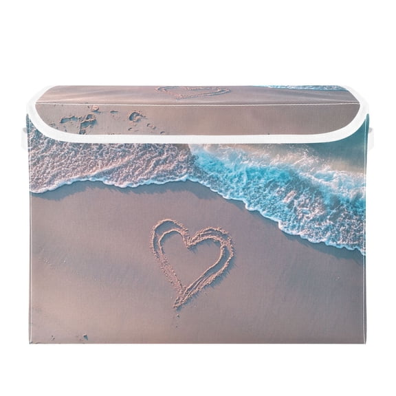 Heart Drawn Pattern on Beach Valentine Foldable Storage Bin with Lid and Handle Collapsible Storage Box 16.5 x 12.6 x 11.8 inches