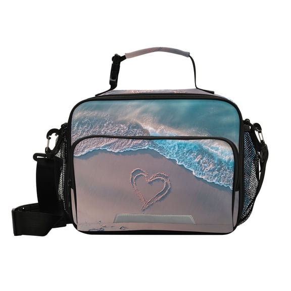 Heart Drawn Pattern on Beach Valentine Insulated Lunch Bag Portable Cooler Bag Mommy Bag Large Capacity 6L
