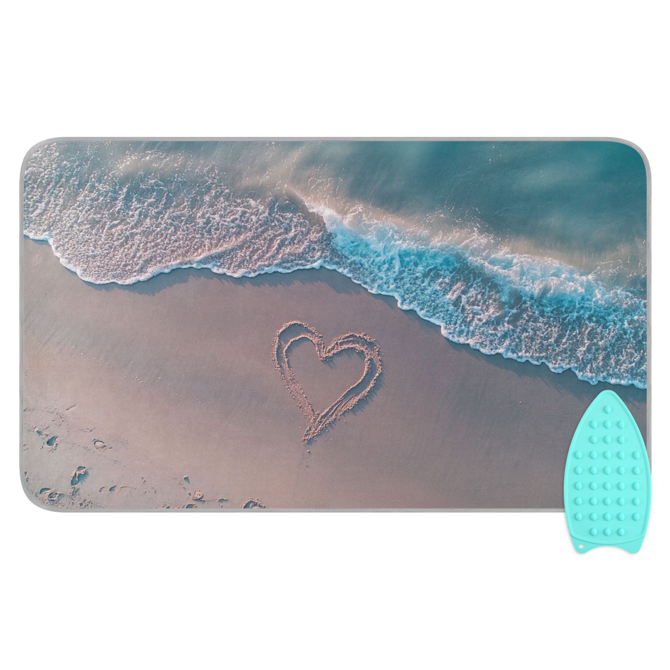 Heart Drawn Pattern on Beach Valentine Ironing Mat Blanket Portable Travel Ironing Pad Heat Resistant Pad 47.2" x 27.6”