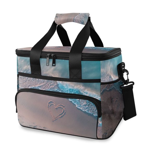 Heart Drawn Pattern on Beach Valentine Portable Cooler Lunch Box Reusable Insulated Lunch Bag Leakproof 15L