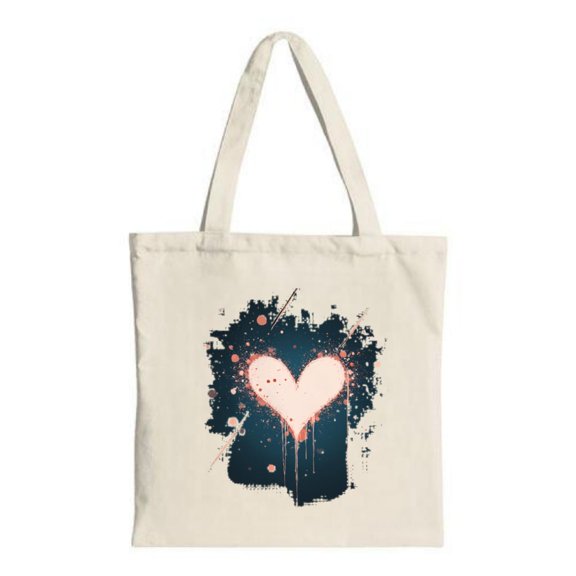 Heart Drip Tote Bag - Canvas Dark Blue & Pink Splatter Design Multifunctional Reusable Shopping Bag for Parties & Travel