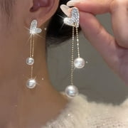 TIEZHIMI Heart Drop Dangle Earrings For Women Statement Stud Pearl Earrings With Pearl Tassel Fashion Jewelry Love Rhinestone Tassel Earrings For Ladies Girls