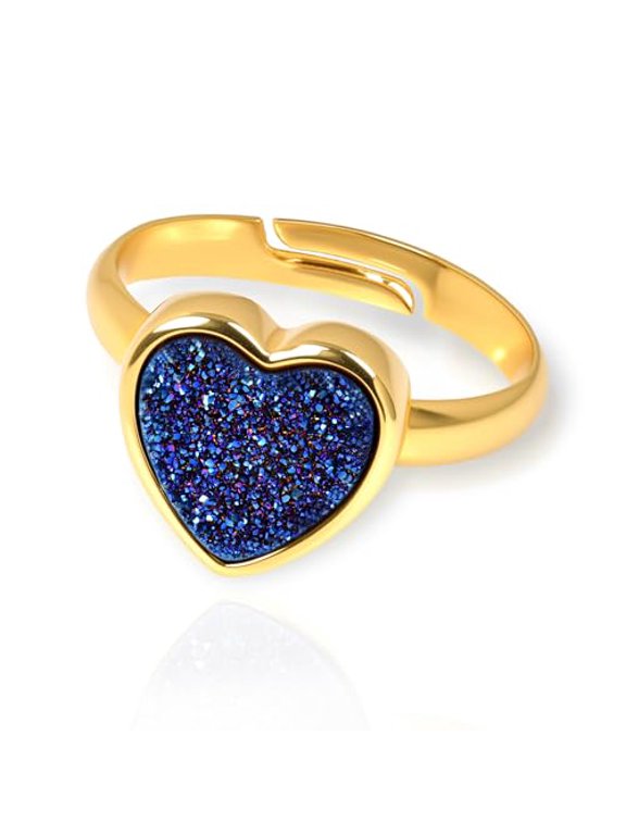 Heart Druzy Adjustable Ring, Colorful Crystal Open Band Ring, Gold Plated Romant