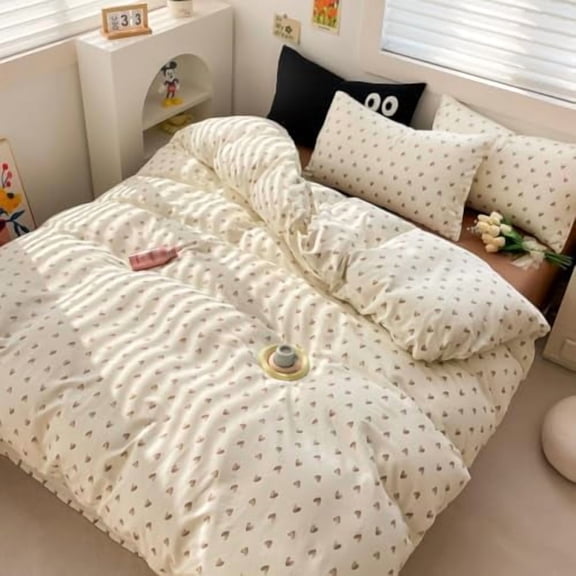 Heart Duvet Cover Queen Cute Bedding Set for Kids Teen Boys Girls Brown Love Heart Pattern on Beige Bedding Soft Breathable Microfiber Comforter Cover with 2 Pillowcases