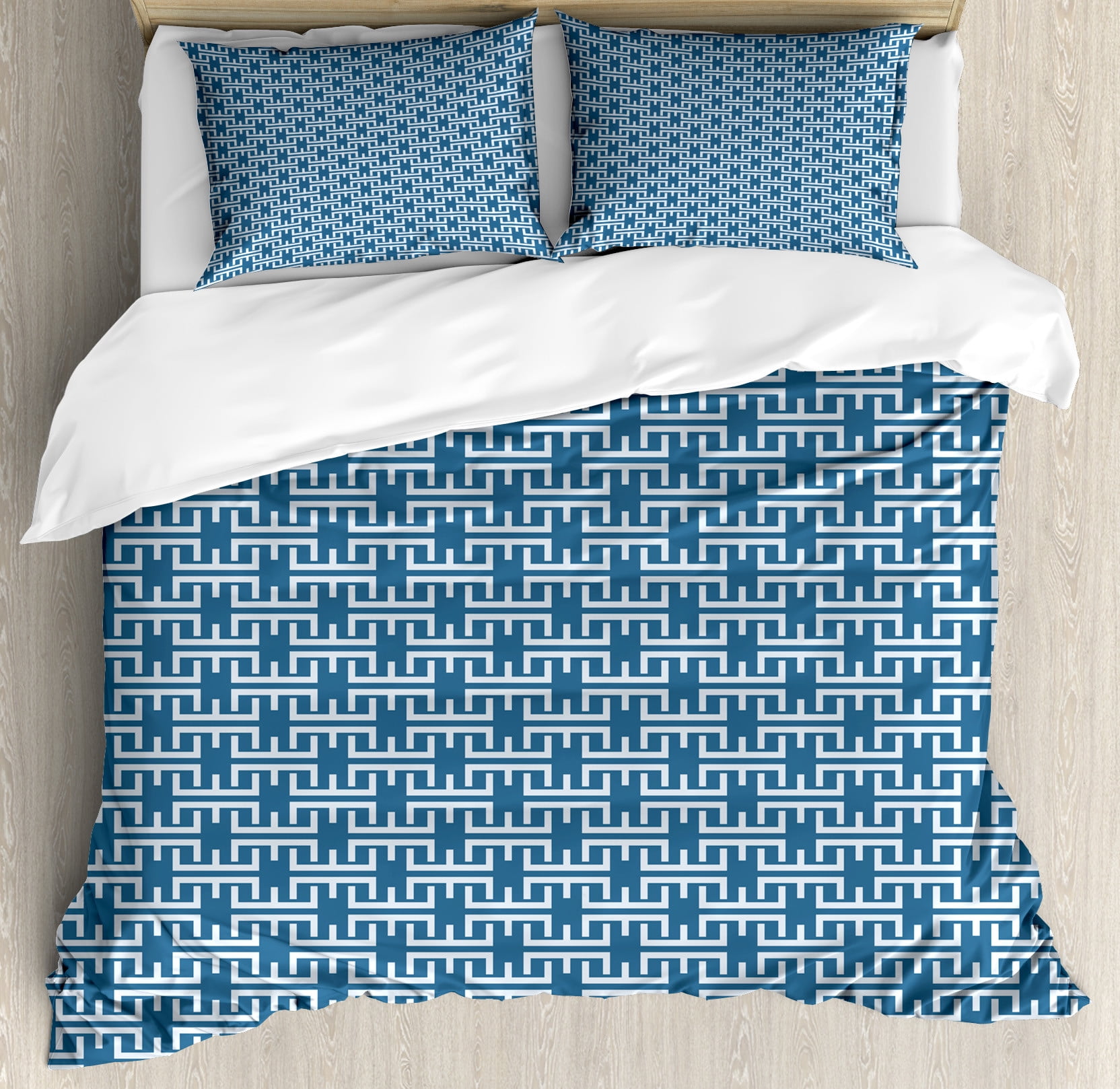 Pale Blue and White Geometric California King Duvet Cover Set