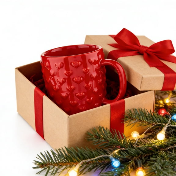 Heart Embossed Ceramic Mug, 15oz Red Stoneware Coffee Cup,Valentine's Day Gift