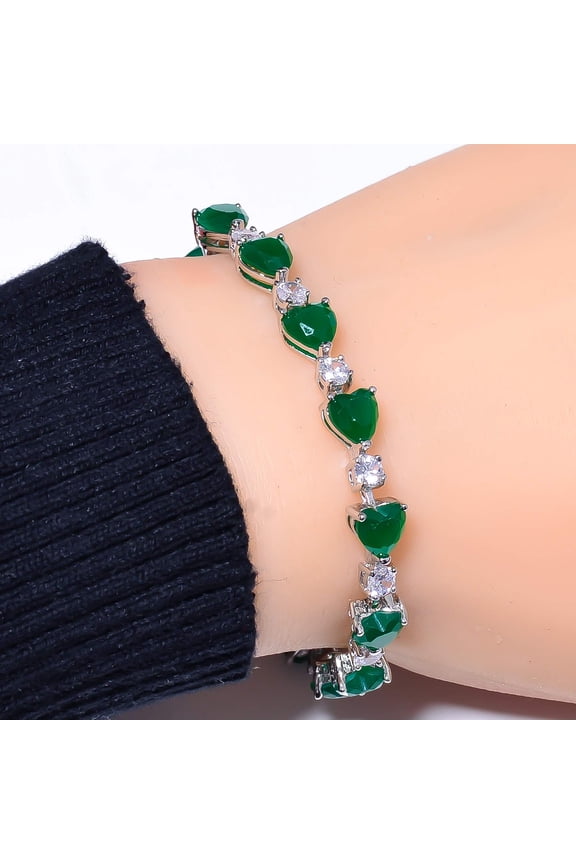 Heart - Emerald 925 Sterling Silver Tennis Bracelet 7.99" B9, New Year Sale, Valentin's Day Gift