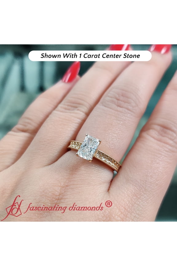 Heart Engraved 1 Carat Radiant Cut Moissanite Ring-Fascinating Diamonds