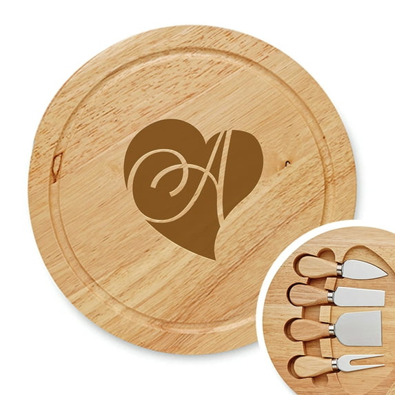 Heart Engraved Round Cheese Board Initial A - by Abby Smith Brands