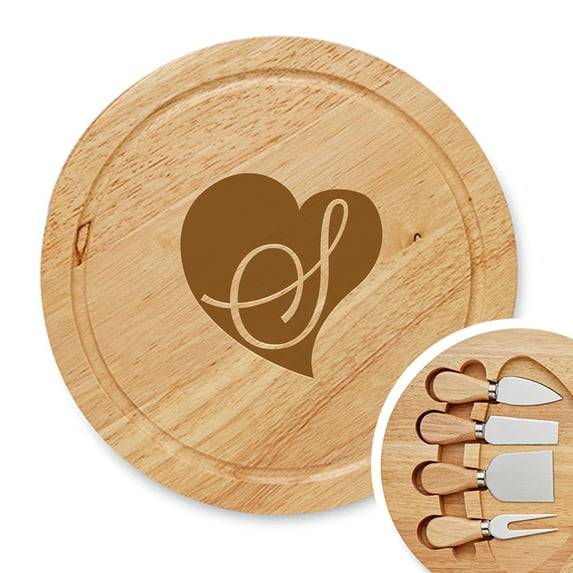 Heart Engraved Round Cheese Board Initial S - by Abby Smith Brands