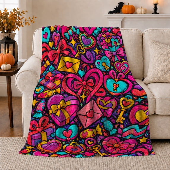 Heart Envelope Bow Key and Present Box Graffiti Art, Warm Flannel Blanket, Home Decor for Teen Girls, Bedroom and Dorm, Valentines Gift, Bold Colorful Pop Pattern