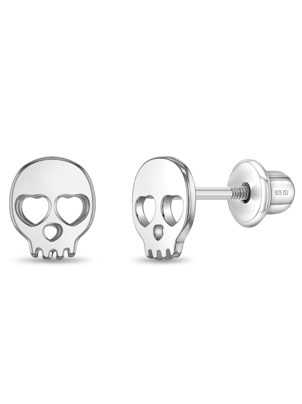 Heart-Eyed Bones Kids / Children's / Girls Earrings Screw Back - Sterling Silver
