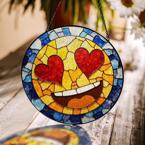 Heart Eyes Emoji Glass Suncatcher, Round Window Hanging, for Best Friend, 7.9 in