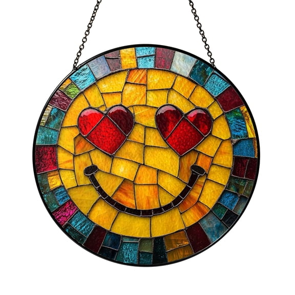 Heart Eyes Emoji Glass Suncatcher Window Hanging, Smiling Face Mosaic Style Decor, Fun Gift for Best Friend