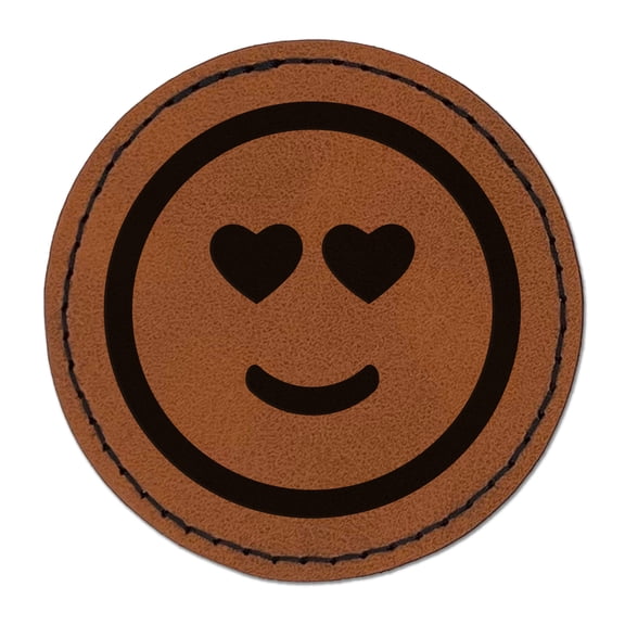 Heart Eyes Love Happy Face Emoticon 2.5" Faux Leather Round Engraved Iron-On Patch - Brown