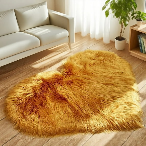 Heart Faux Fur Rug - Ultra Soft Fluffy Shag Carpet for Bedroom, Nursery, Dorm | Luxury Fake Fur Area Rug for Living Room & Bedside- 19.7" x 23.6" inch, Yellow Camel Rug