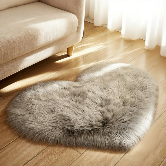 Heart Faux Fur Rug - Ultra Soft Fluffy Shag Carpet for Bedroom, Nursery, Dorm | Luxury Fake Fur Area Rug for Living Room & Bedside- 19.7" x 27.5" inch, Grey Rug