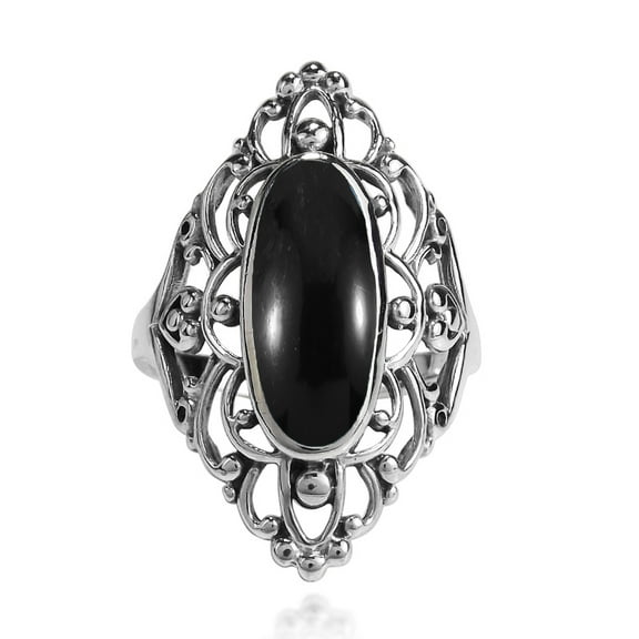 Heart Filigree Oval Black Onyx .925 Silver Ring-11