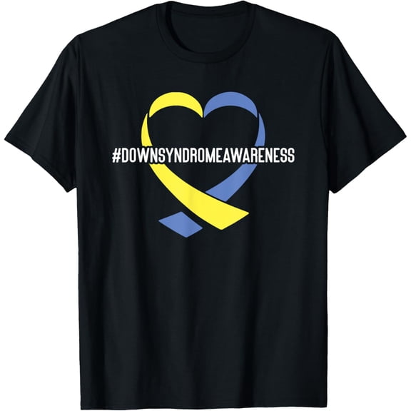 Heart Finger Print Blue Yellow Ribbon Down Syndrome T-Shirt men and women can wear, black, white, gifts
