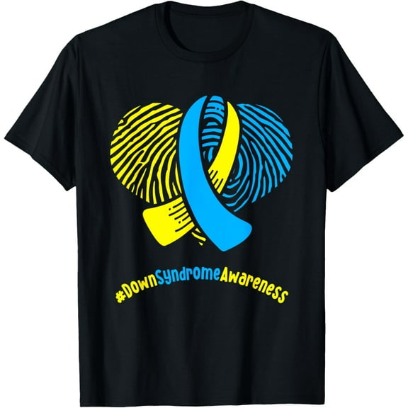 Heart Finger Print Blue Yellow Ribbon Down Syndrome T-Shirt men and women can wear, black, white, gifts