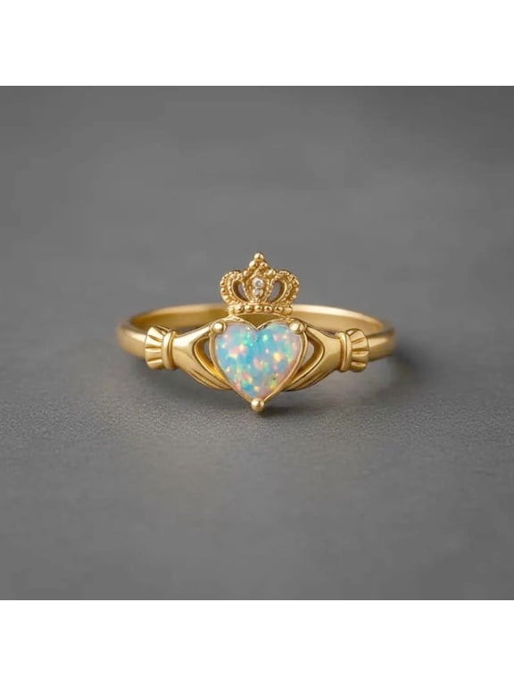 Heart Fire Opal & Round Diamond Claddagh Ring 925 Sterling Silver Yellow Gold Plated Crown Heart Promise Ring October Birthstone Jewelry Gift for Her