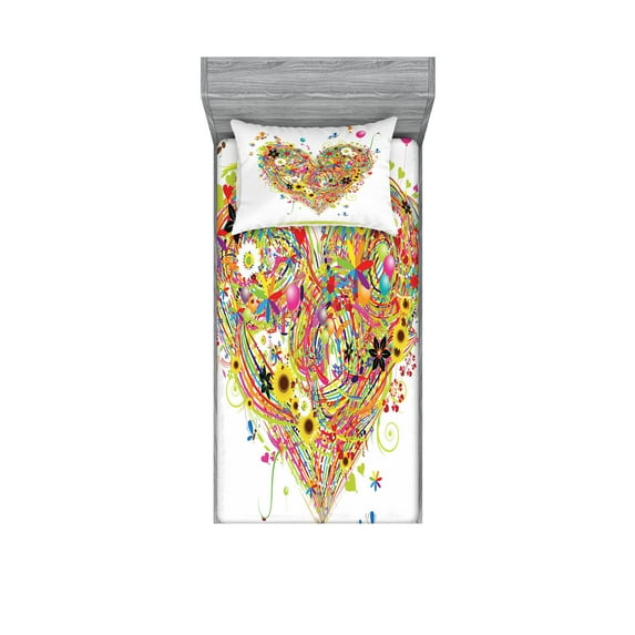 Heart Fitted Sheet & Pillow Sham Set, Romantic Arrangement with Colorful Watercolor Style Love Valentines Day Theme, Decorative 4 Piece Bedding Decor Set, Twinxl, White Multicolor, by Ambesonne