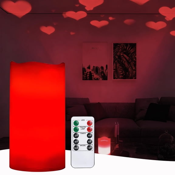 Heart Flameless Candle Projector with Remote and Timer, Battery Operated Romantic LED Pillar Candles for Wedding, Holiday, and Home Decor, Gift for Women(Love-Red)