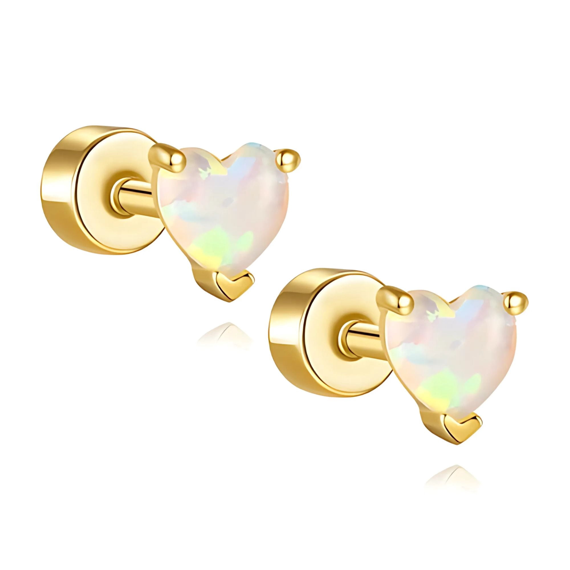 Heart Flat Back Opal Earrings for Cartilage Helix Tragus Lobe16g Gold over Sterling Silver Studs Pair by Ginger Lyne