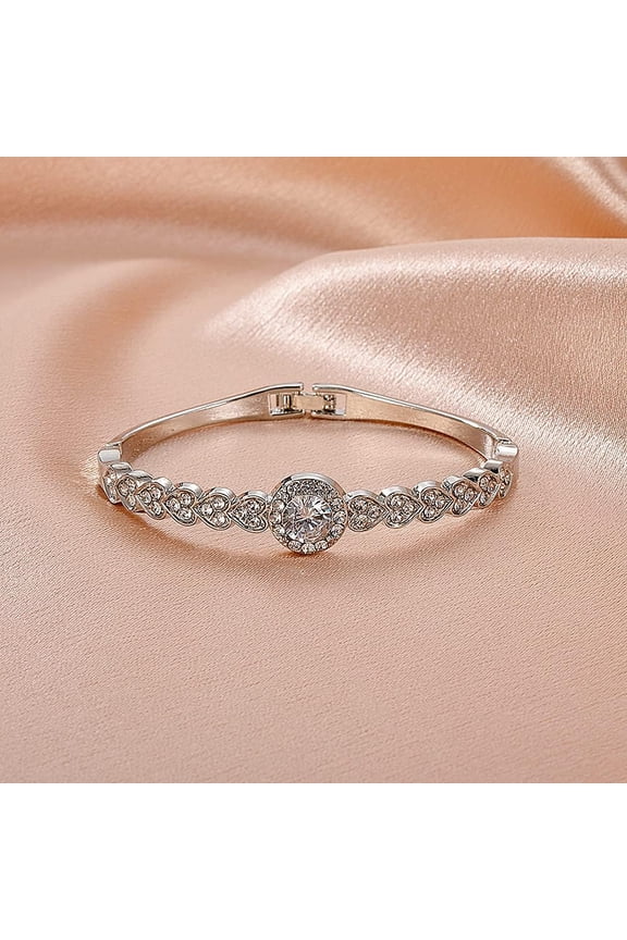 Heart & Flat Round Charm Bracelet Alloy Steel with Rhinestones Bangle Bracelet for Women Birthdays Anniversaries 7 inches White Gold Making DIY