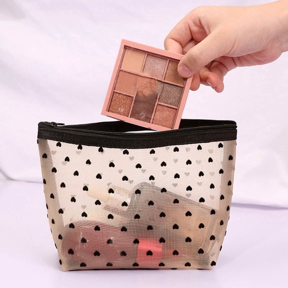Heart Flocking Mesh Makeup Bag Large Capacity Portable Cosmetic Organizer Travel Toiletry Storage Breathable Zipper Pouch for Women Girls