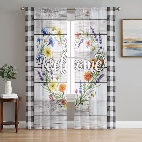 Heart Floral Wreath Sheer Curtains 96 Inch Length 2 Panels Set, Country Vintage Flowers Wooden Plaid Voile Window Treatment Semi Sheer Long Curtains Drapes for Bedroom/Living Room/Kitchen 52"x96"x2