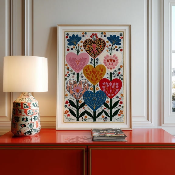 Heart Flower Leopard Heart Boho Folk Floral Nursery Decor, Stretched Canvas 16x20in