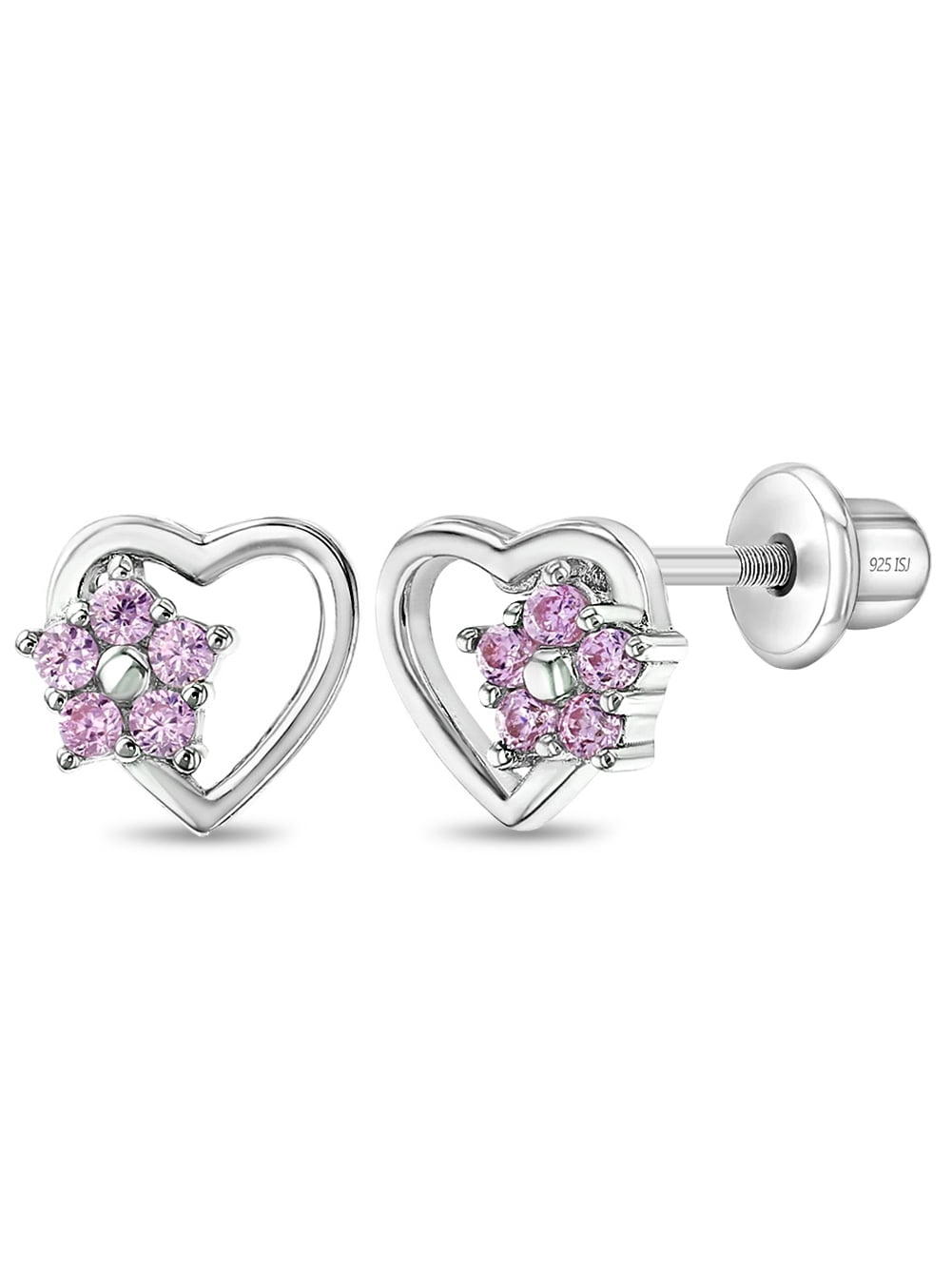 Heart & Flower Pink Baby / Toddler / Kids Earrings Screw Back - Sterling Silver