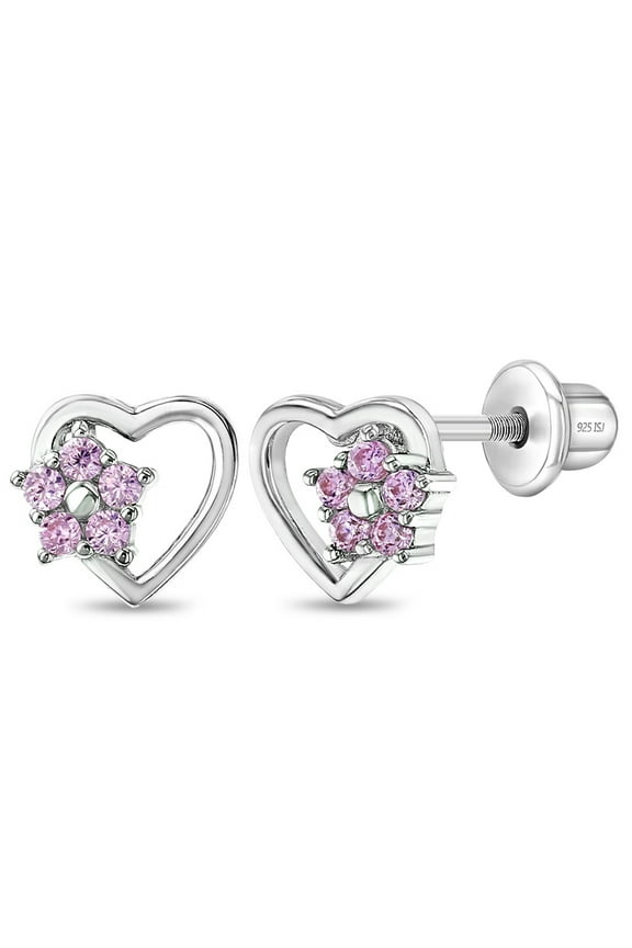 Heart & Flower Pink Baby / Toddler / Kids Earrings Screw Back - Sterling Silver