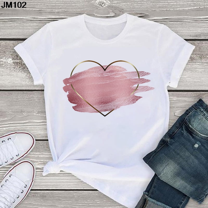 Heart Flower Printed Women's Tshirt Summer Ladies Casual White Tshirt