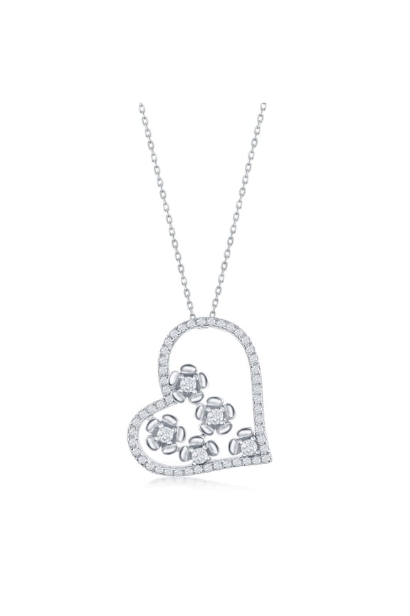 Heart and Flowers Designed Simulated White Diamond CZ/Created Ruby 16+2” Necklace Sterling Silver/14k Rose Gold Plated Valentines Jewelry for Women or Teens-Silver