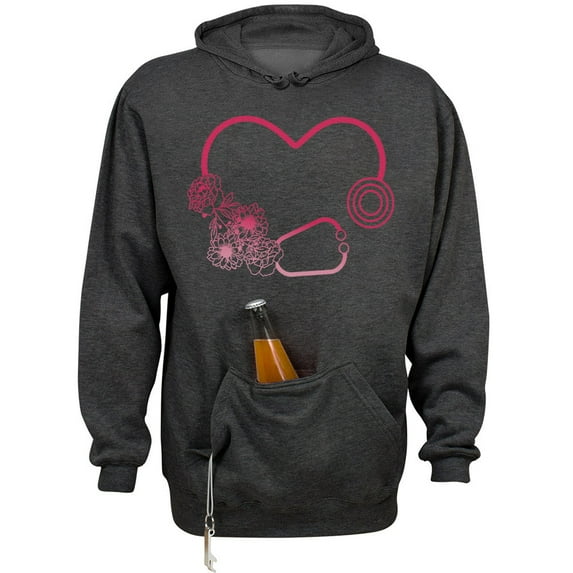 Heart Flowers Stethoscope Beer Holder Tailgate Hoodie Sweatshirt Unisex Large Charcoal Heather