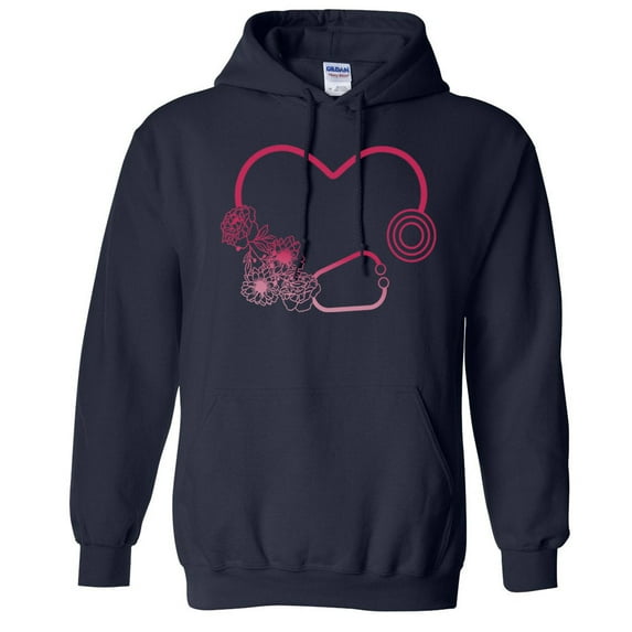 Heart Flowers Stethoscope Hoodie Sweatshirt Unisex 2X-Large Navy